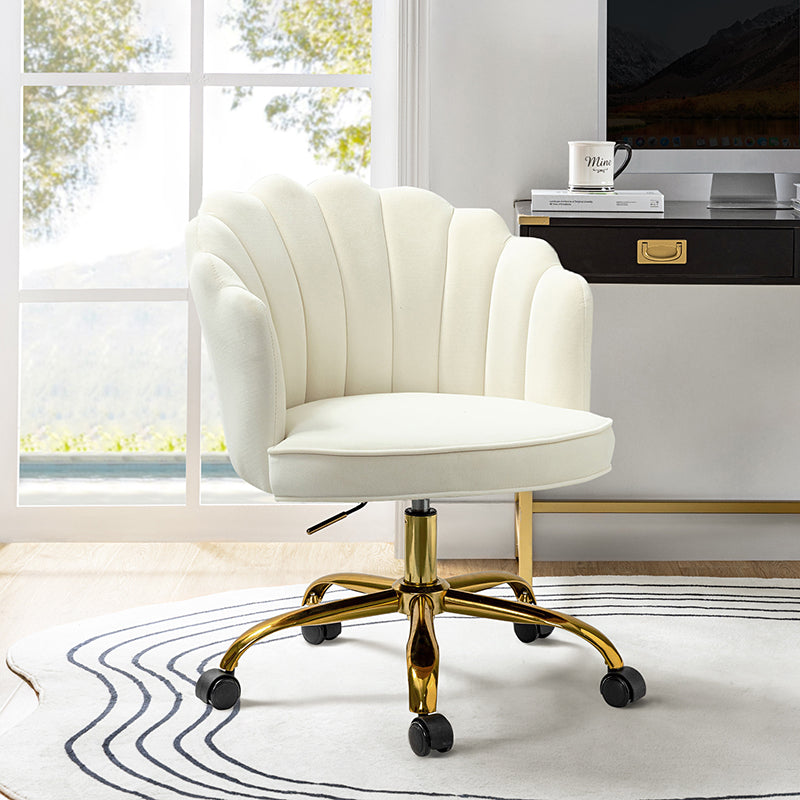 Chaise de Bureau Pivotante en Velours avec Dossier Fleur, Capitonnage, Hauteur Réglable et Base en Métal Doré | Rose / Noir / Bleu Canard / Jaune / Gris / Sauge / Ivoire | Siège Simple