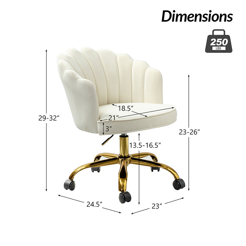 Chaise de Bureau Pivotante en Velours avec Dossier Fleur, Capitonnage, Hauteur Réglable et Base en Métal Doré | Rose / Noir / Bleu Canard / Jaune / Gris / Sauge / Ivoire | Siège Simple