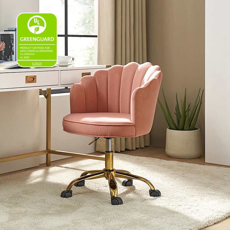 Chaise de Bureau Pivotante en Velours avec Dossier Fleur, Capitonnage, Hauteur Réglable et Base en Métal Doré | Rose / Noir / Bleu Canard / Jaune / Gris / Sauge / Ivoire | Siège Simple