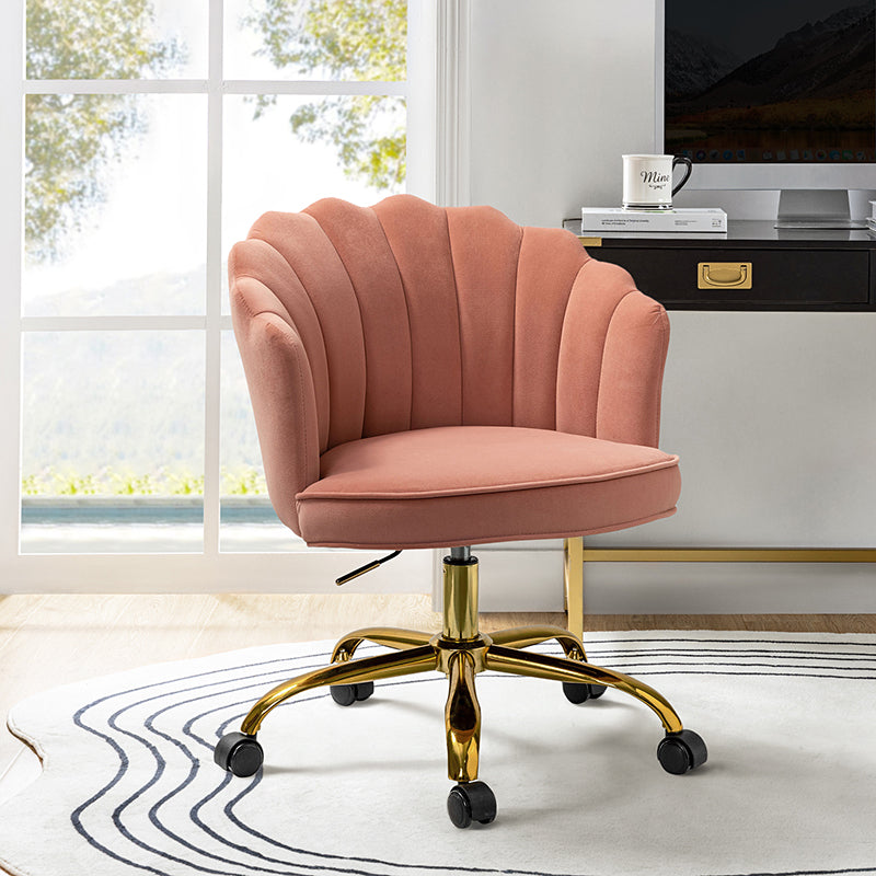 Chaise de Bureau Pivotante en Velours avec Dossier Fleur, Capitonnage, Hauteur Réglable et Base en Métal Doré | Rose / Noir / Bleu Canard / Jaune / Gris / Sauge / Ivoire | Siège Simple