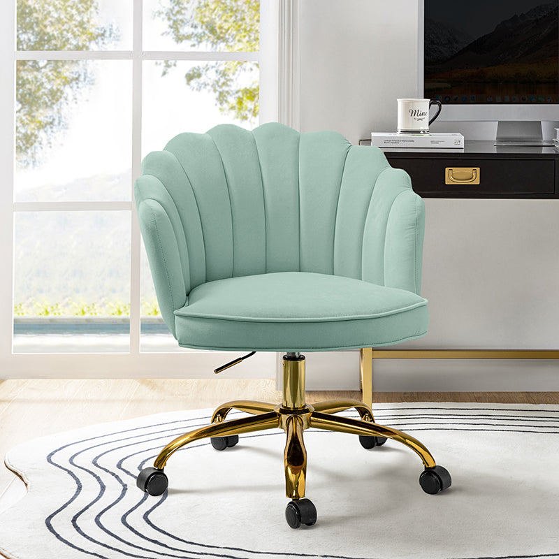 Chaise de Bureau Pivotante en Velours avec Dossier Fleur, Capitonnage, Hauteur Réglable et Base en Métal Doré | Rose / Noir / Bleu Canard / Jaune / Gris / Sauge / Ivoire | Siège Simple