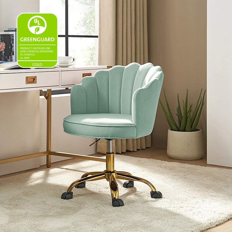 Chaise de Bureau Pivotante en Velours avec Dossier Fleur, Capitonnage, Hauteur Réglable et Base en Métal Doré | Rose / Noir / Bleu Canard / Jaune / Gris / Sauge / Ivoire | Siège Simple