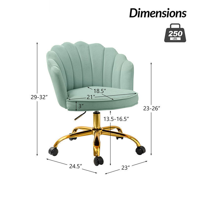Chaise de Bureau Pivotante en Velours avec Dossier Fleur, Capitonnage, Hauteur Réglable et Base en Métal Doré | Rose / Noir / Bleu Canard / Jaune / Gris / Sauge / Ivoire | Siège Simple