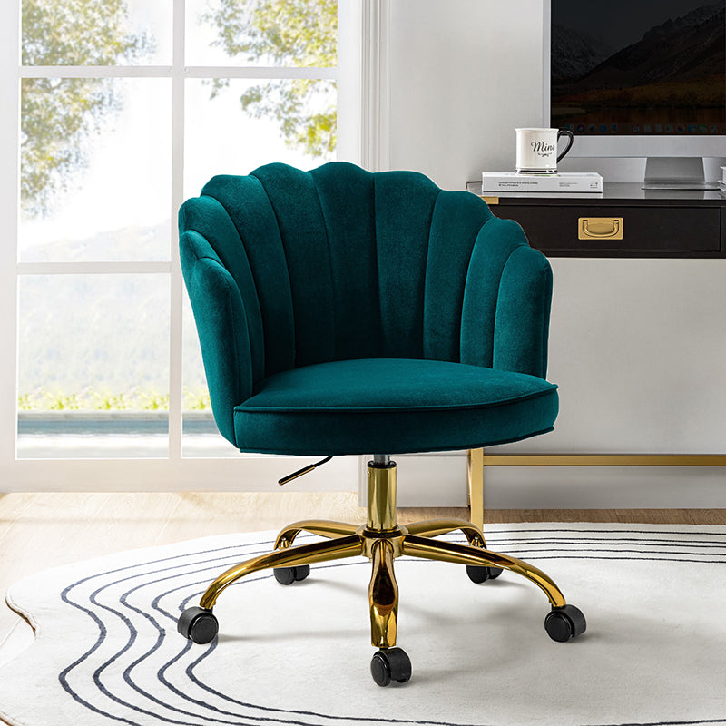 Chaise de Bureau Pivotante en Velours avec Dossier Fleur, Capitonnage, Hauteur Réglable et Base en Métal Doré | Rose / Noir / Bleu Canard / Jaune / Gris / Sauge / Ivoire | Siège Simple