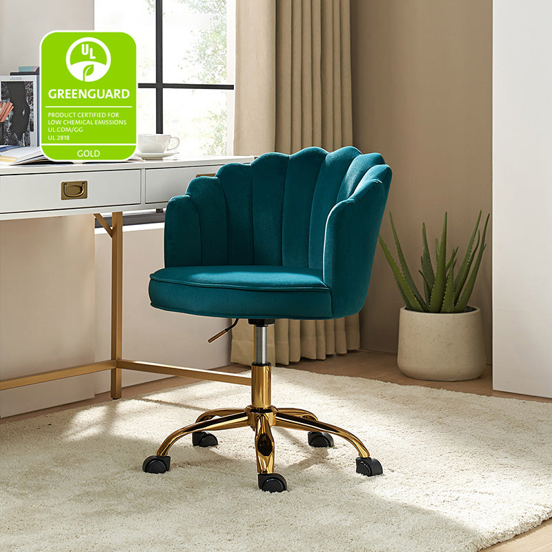 Chaise de Bureau Pivotante en Velours avec Dossier Fleur, Capitonnage, Hauteur Réglable et Base en Métal Doré | Rose / Noir / Bleu Canard / Jaune / Gris / Sauge / Ivoire | Siège Simple