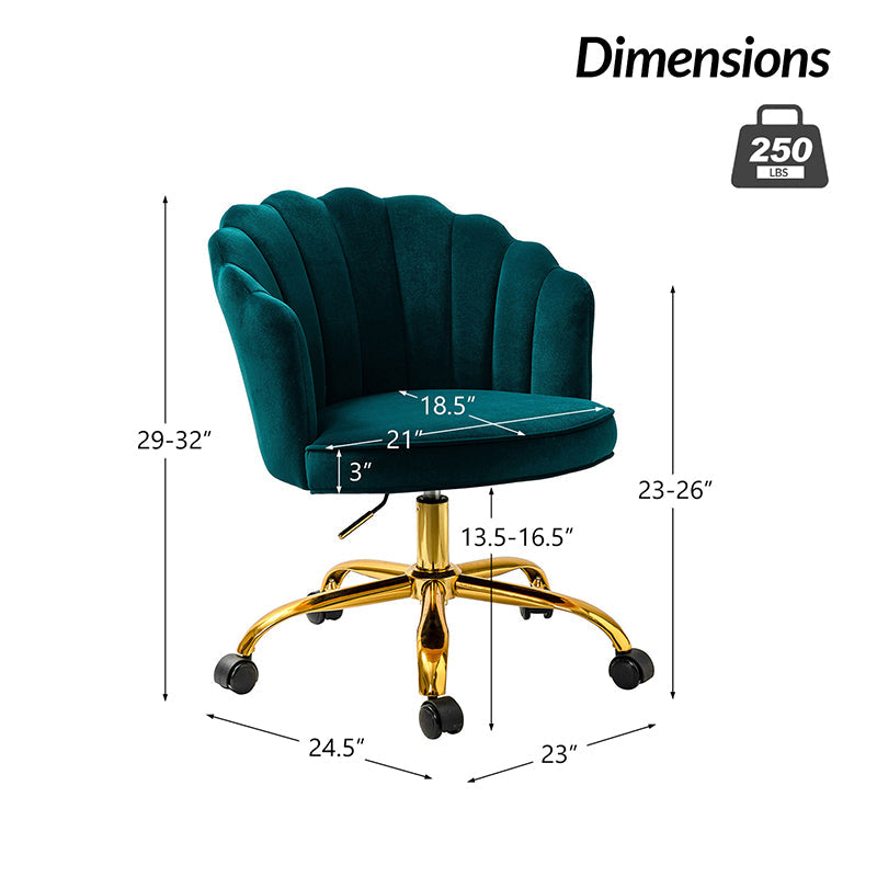 Chaise de Bureau Pivotante en Velours avec Dossier Fleur, Capitonnage, Hauteur Réglable et Base en Métal Doré | Rose / Noir / Bleu Canard / Jaune / Gris / Sauge / Ivoire | Siège Simple