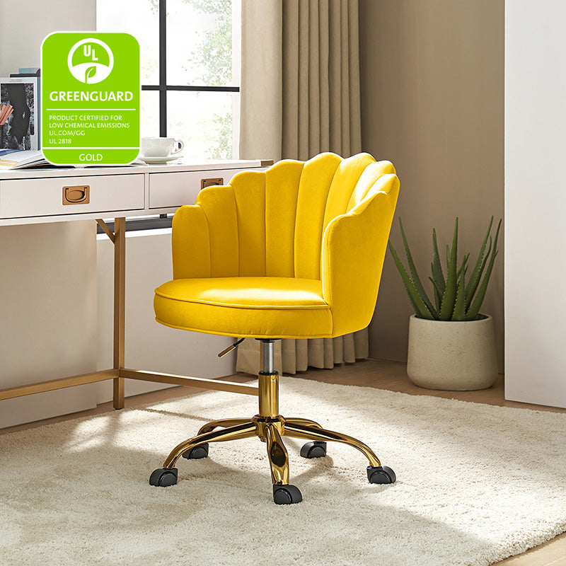 Chaise de Bureau Pivotante en Velours avec Dossier Fleur, Capitonnage, Hauteur Réglable et Base en Métal Doré | Rose / Noir / Bleu Canard / Jaune / Gris / Sauge / Ivoire | Siège Simple