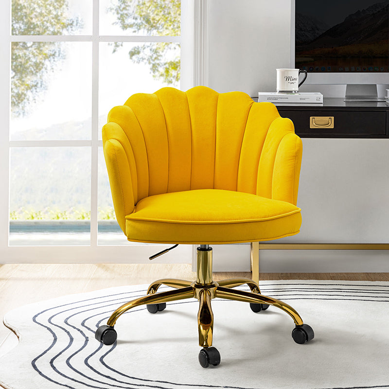 Chaise de Bureau Pivotante en Velours avec Dossier Fleur, Capitonnage, Hauteur Réglable et Base en Métal Doré | Rose / Noir / Bleu Canard / Jaune / Gris / Sauge / Ivoire | Siège Simple