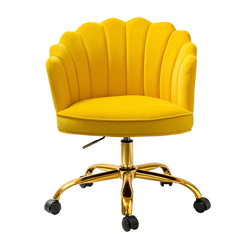 Chaise de Bureau Pivotante en Velours avec Dossier Fleur, Capitonnage, Hauteur Réglable et Base en Métal Doré | Rose / Noir / Bleu Canard / Jaune / Gris / Sauge / Ivoire | Siège Simple