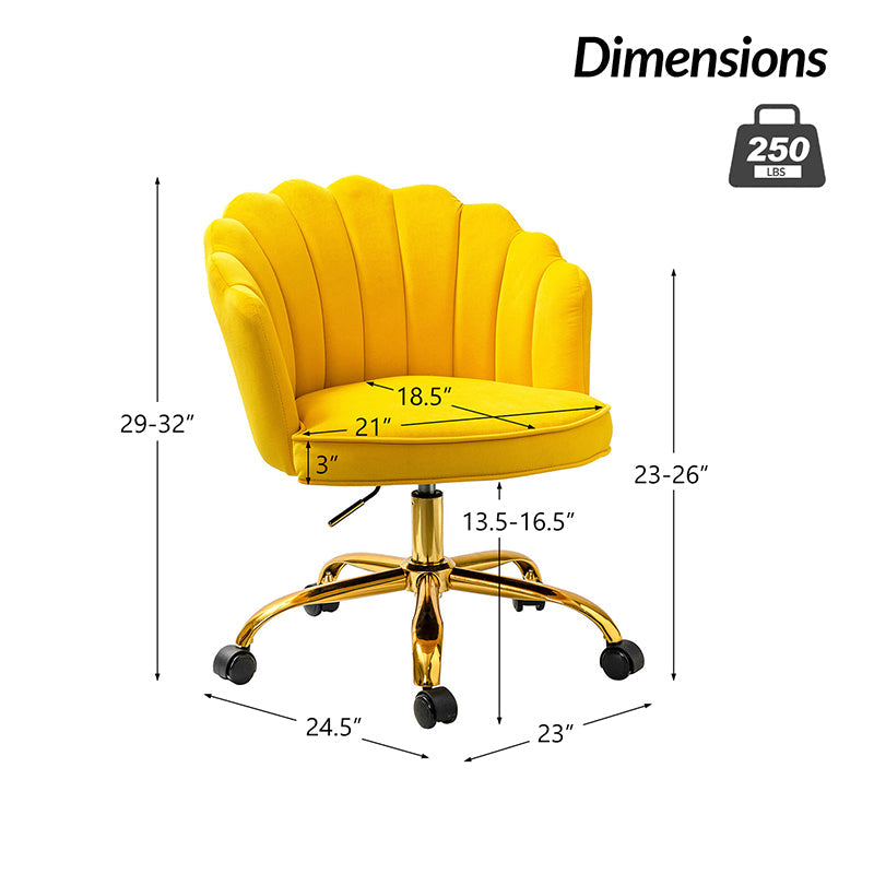 Chaise de Bureau Pivotante en Velours avec Dossier Fleur, Capitonnage, Hauteur Réglable et Base en Métal Doré | Rose / Noir / Bleu Canard / Jaune / Gris / Sauge / Ivoire | Siège Simple