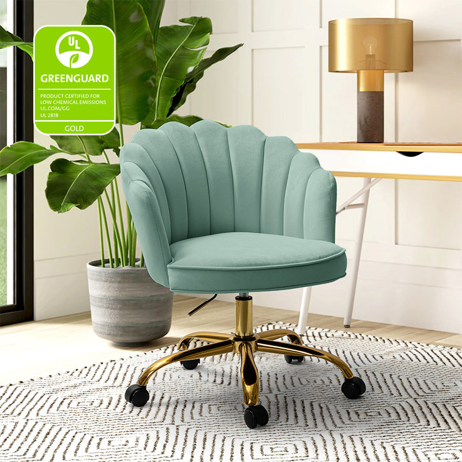 Chaise de Bureau Pivotante en Velours avec Dossier Fleur, Capitonnage, Hauteur Réglable et Base en Métal Doré | Rose / Noir / Bleu Canard / Jaune / Gris / Sauge / Ivoire | Siège Simple