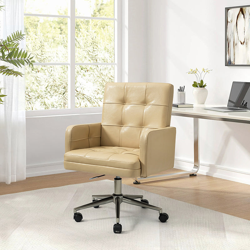 Chaise de bureau pivotante en similicuir capitonnée avec accoudoirs carrés, hauteur réglable et base en métal argenté | Camel / Marron / Noir / Bleu Marine / Beige | Siège unique