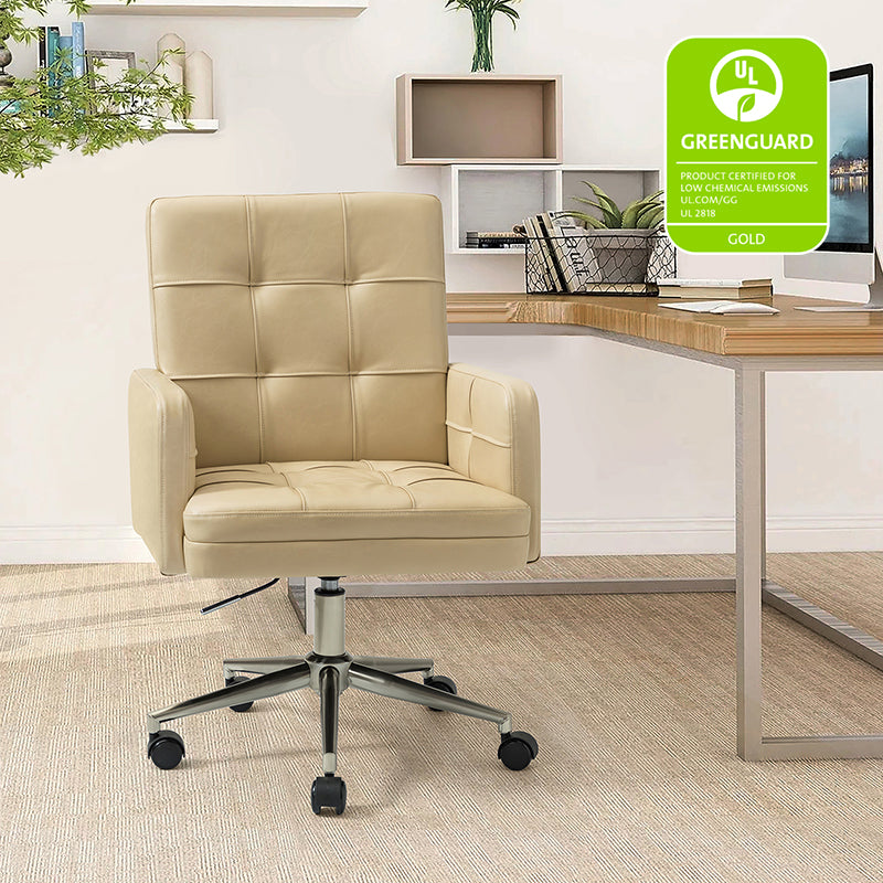 Chaise de bureau pivotante en similicuir capitonnée avec accoudoirs carrés, hauteur réglable et base en métal argenté | Camel / Marron / Noir / Bleu Marine / Beige | Siège unique