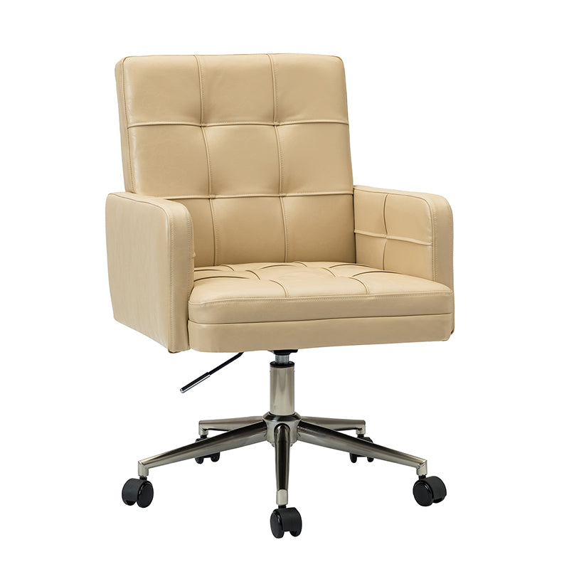 Chaise de bureau pivotante en similicuir capitonnée avec accoudoirs carrés, hauteur réglable et base en métal argenté | Camel / Marron / Noir / Bleu Marine / Beige | Siège unique