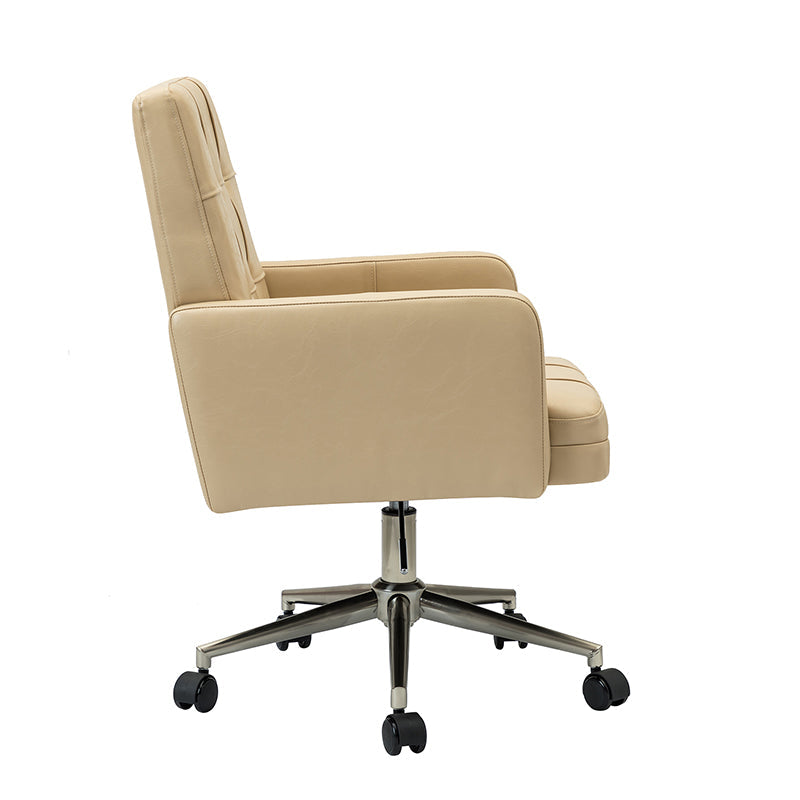 Chaise de bureau pivotante en similicuir capitonnée avec accoudoirs carrés, hauteur réglable et base en métal argenté | Camel / Marron / Noir / Bleu Marine / Beige | Siège unique