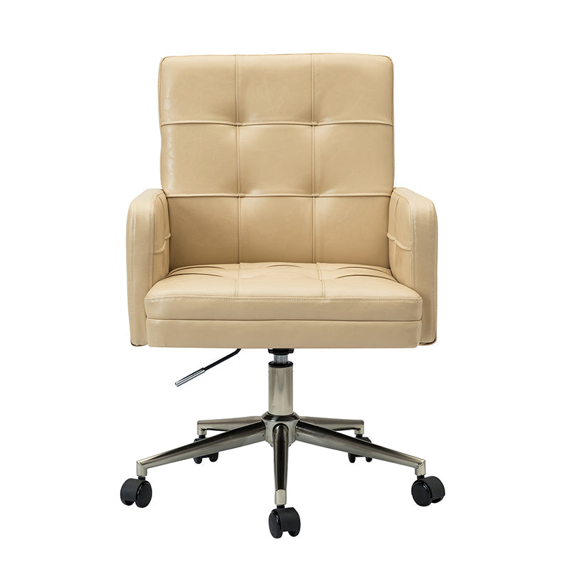 Chaise de bureau pivotante en similicuir capitonnée avec accoudoirs carrés, hauteur réglable et base en métal argenté | Camel / Marron / Noir / Bleu Marine / Beige | Siège unique
