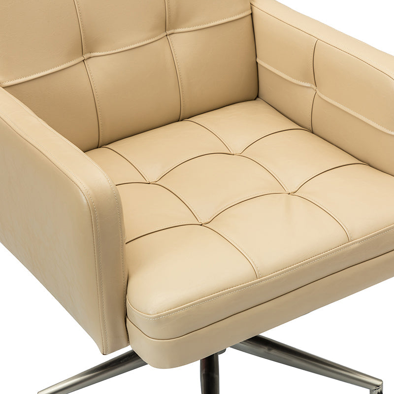 Chaise de bureau pivotante en similicuir capitonnée avec accoudoirs carrés, hauteur réglable et base en métal argenté | Camel / Marron / Noir / Bleu Marine / Beige | Siège unique
