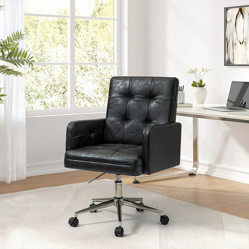 Chaise de bureau pivotante en similicuir capitonnée avec accoudoirs carrés, hauteur réglable et base en métal argenté | Camel / Marron / Noir / Bleu Marine / Beige | Siège unique