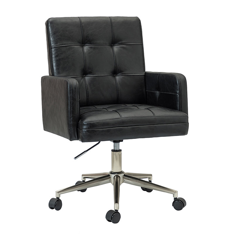 Chaise de bureau pivotante en similicuir capitonnée avec accoudoirs carrés, hauteur réglable et base en métal argenté | Camel / Marron / Noir / Bleu Marine / Beige | Siège unique