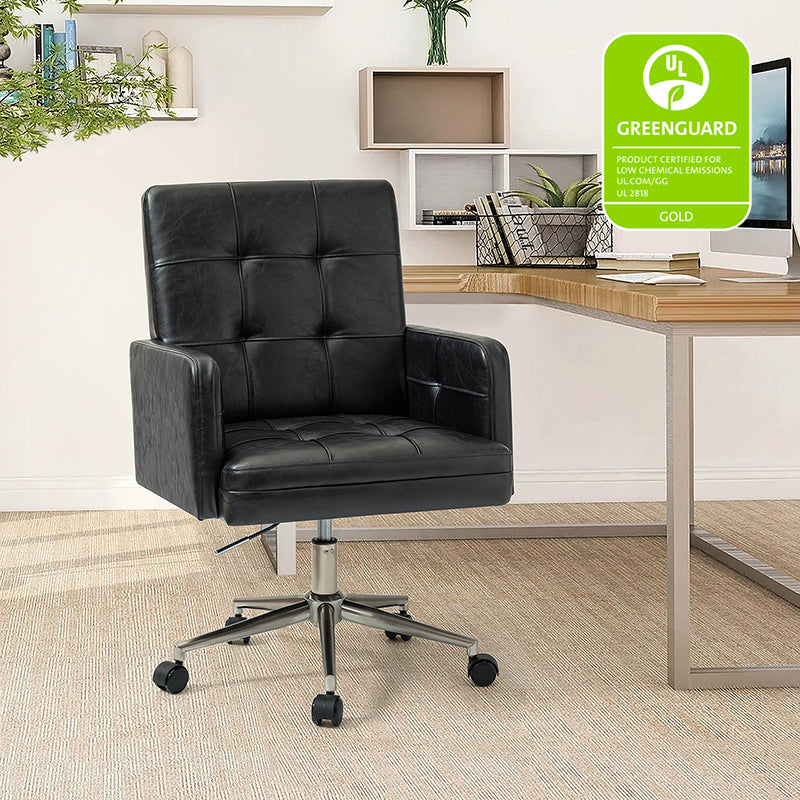 Chaise de bureau pivotante en similicuir capitonnée avec accoudoirs carrés, hauteur réglable et base en métal argenté | Camel / Marron / Noir / Bleu Marine / Beige | Siège unique