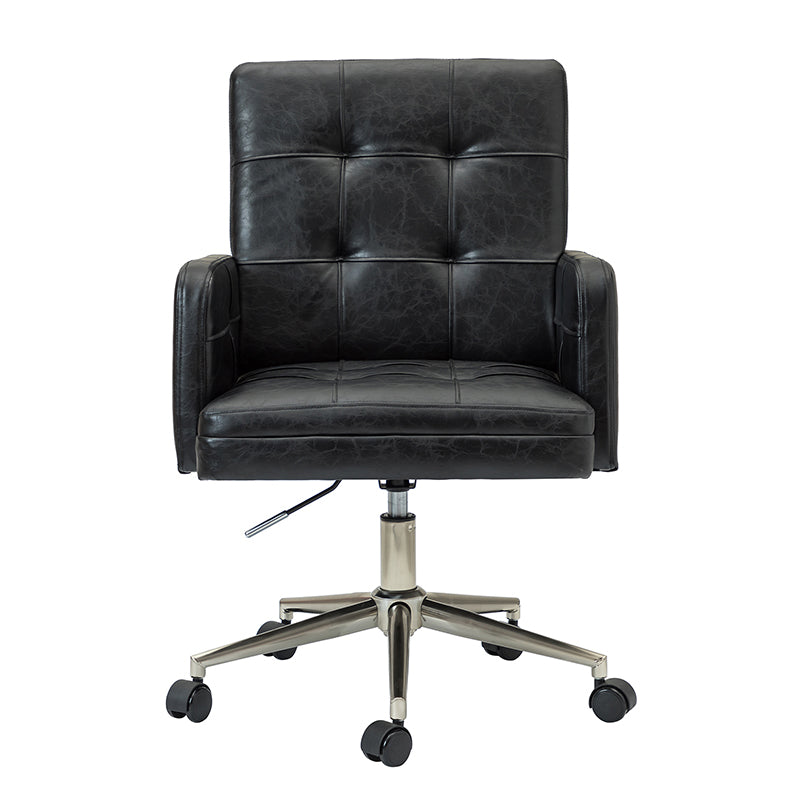 Chaise de bureau pivotante en similicuir capitonnée avec accoudoirs carrés, hauteur réglable et base en métal argenté | Camel / Marron / Noir / Bleu Marine / Beige | Siège unique