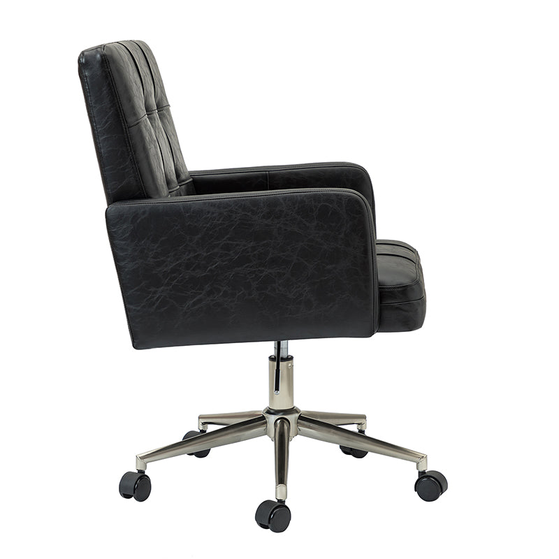 Chaise de bureau pivotante en similicuir capitonnée avec accoudoirs carrés, hauteur réglable et base en métal argenté | Camel / Marron / Noir / Bleu Marine / Beige | Siège unique