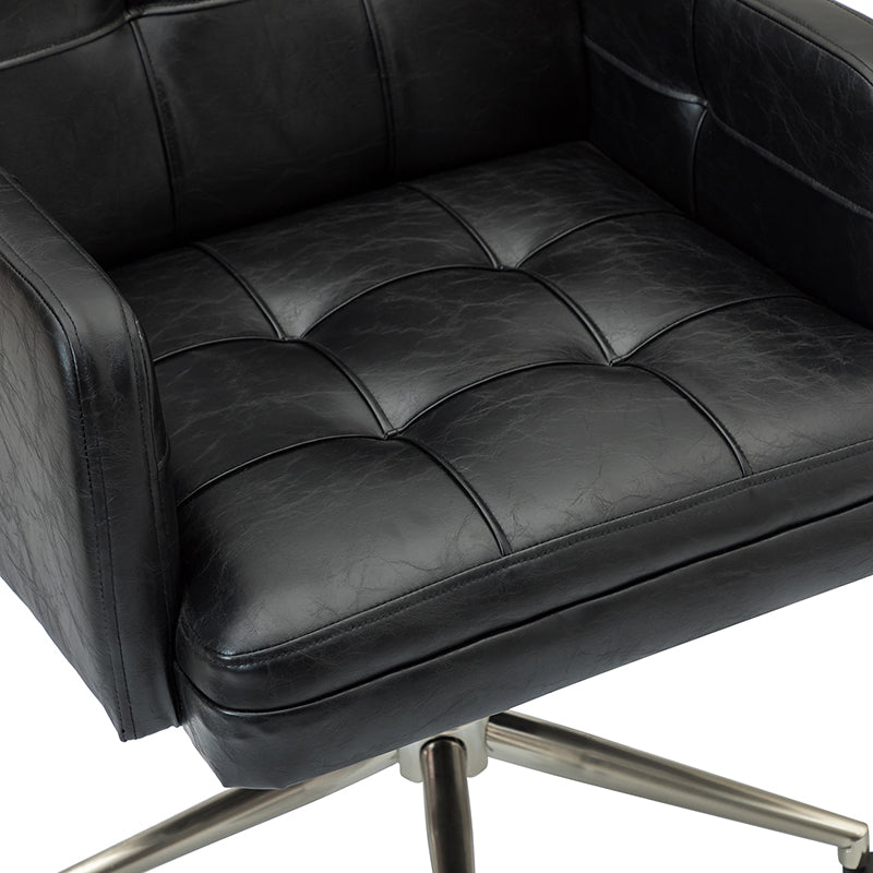 Chaise de bureau pivotante en similicuir capitonnée avec accoudoirs carrés, hauteur réglable et base en métal argenté | Camel / Marron / Noir / Bleu Marine / Beige | Siège unique