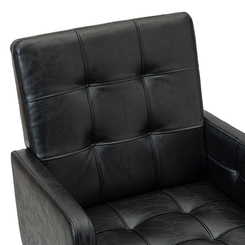 Chaise de bureau pivotante en similicuir capitonnée avec accoudoirs carrés, hauteur réglable et base en métal argenté | Camel / Marron / Noir / Bleu Marine / Beige | Siège unique