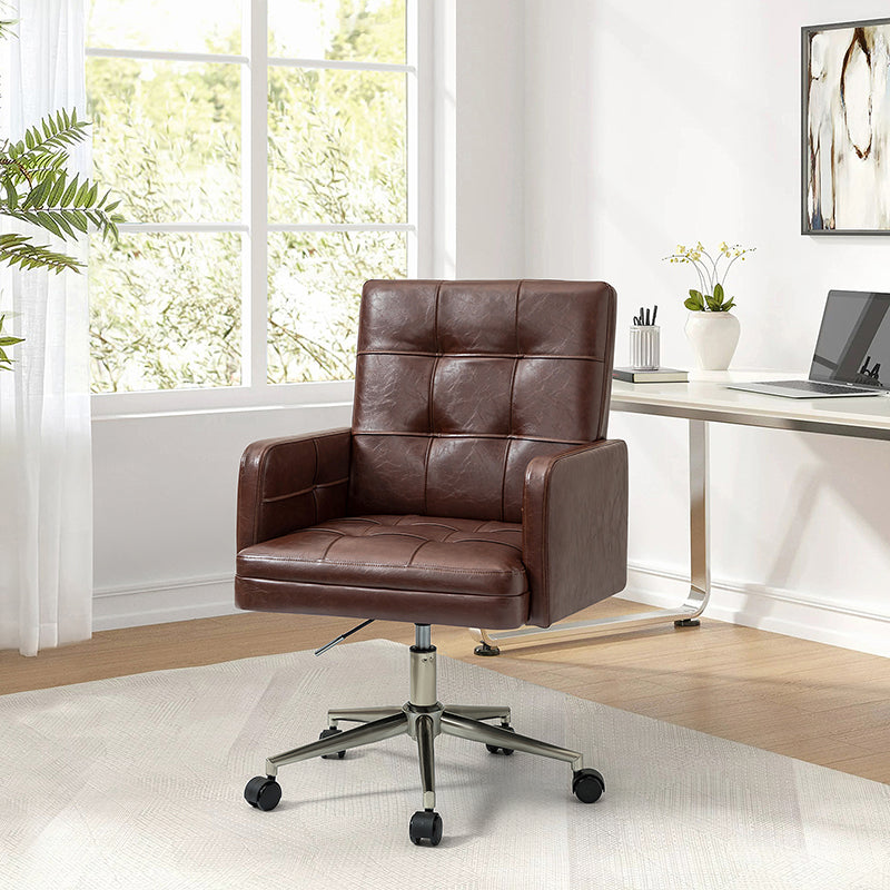Chaise de bureau pivotante en similicuir capitonnée avec accoudoirs carrés, hauteur réglable et base en métal argenté | Camel / Marron / Noir / Bleu Marine / Beige | Siège unique