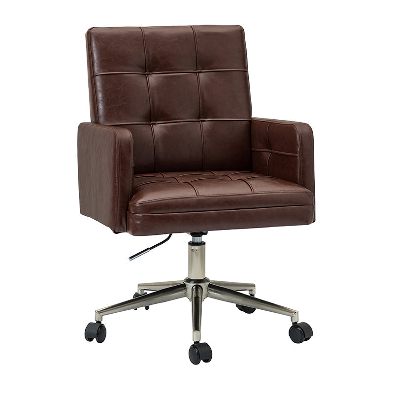 Chaise de bureau pivotante en similicuir capitonnée avec accoudoirs carrés, hauteur réglable et base en métal argenté | Camel / Marron / Noir / Bleu Marine / Beige | Siège unique