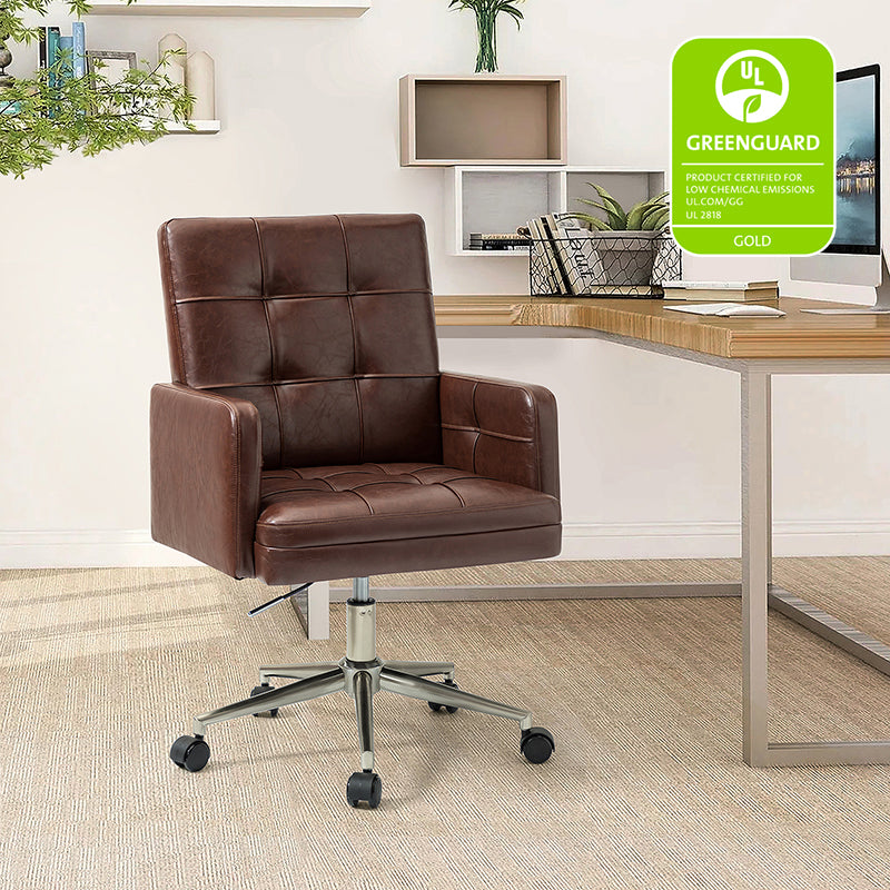 Chaise de bureau pivotante en similicuir capitonnée avec accoudoirs carrés, hauteur réglable et base en métal argenté | Camel / Marron / Noir / Bleu Marine / Beige | Siège unique