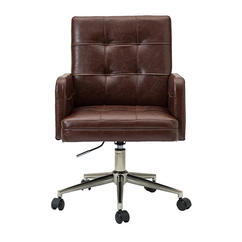Chaise de bureau pivotante en similicuir capitonnée avec accoudoirs carrés, hauteur réglable et base en métal argenté | Camel / Marron / Noir / Bleu Marine / Beige | Siège unique
