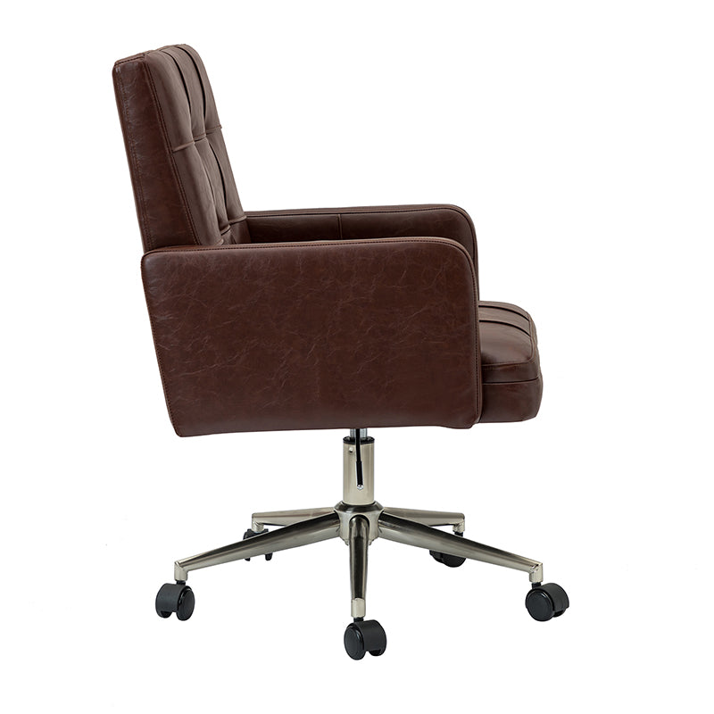 Chaise de bureau pivotante en similicuir capitonnée avec accoudoirs carrés, hauteur réglable et base en métal argenté | Camel / Marron / Noir / Bleu Marine / Beige | Siège unique