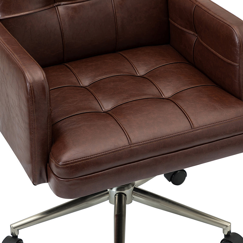 Chaise de bureau pivotante en similicuir capitonnée avec accoudoirs carrés, hauteur réglable et base en métal argenté | Camel / Marron / Noir / Bleu Marine / Beige | Siège unique
