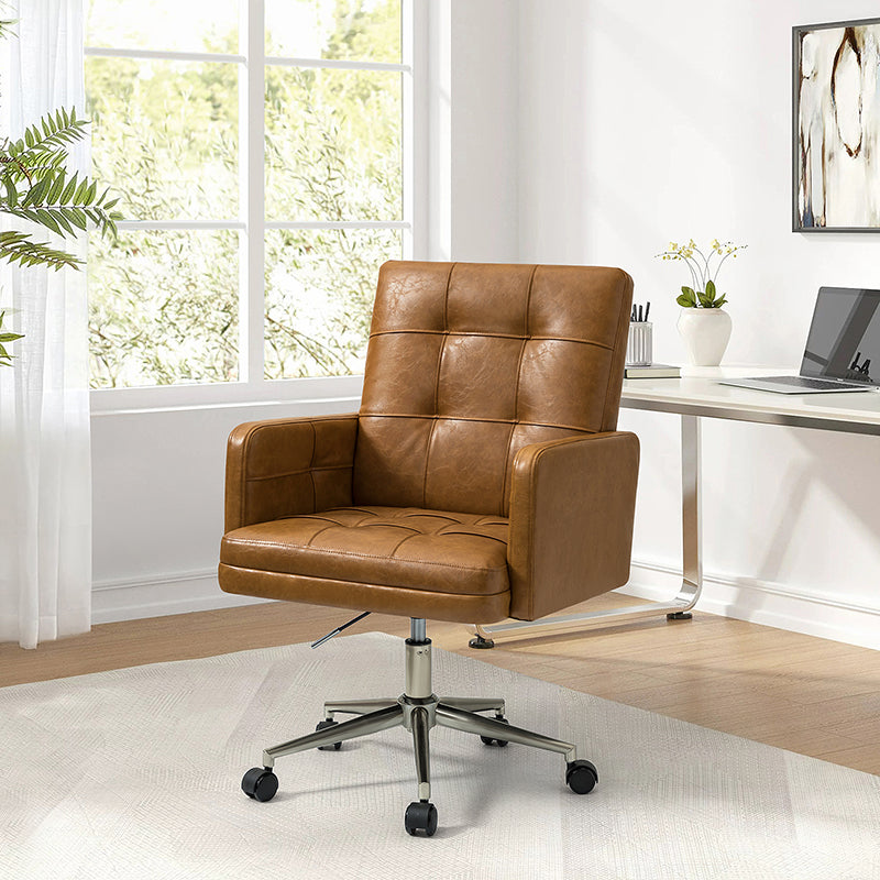 Chaise de bureau pivotante en similicuir capitonnée avec accoudoirs carrés, hauteur réglable et base en métal argenté | Camel / Marron / Noir / Bleu Marine / Beige | Siège unique