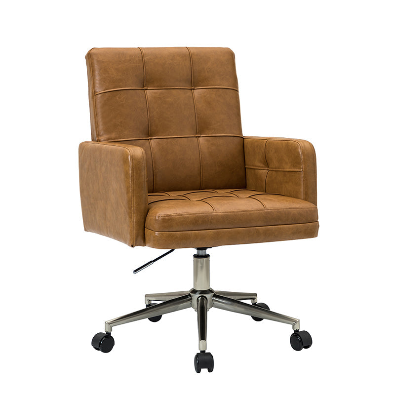 Chaise de bureau pivotante en similicuir capitonnée avec accoudoirs carrés, hauteur réglable et base en métal argenté | Camel / Marron / Noir / Bleu Marine / Beige | Siège unique