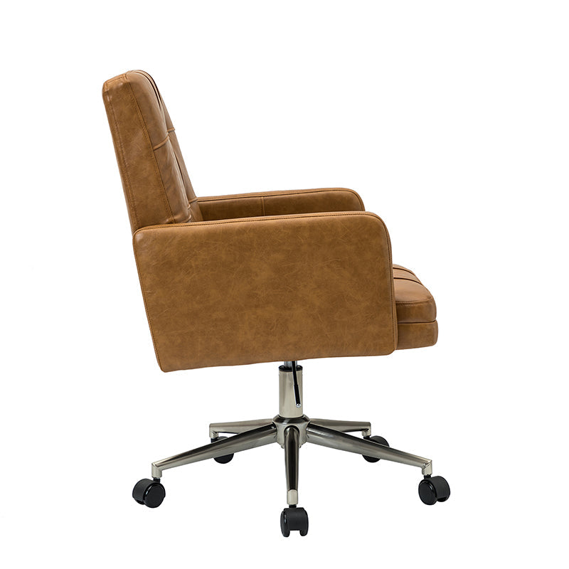 Chaise de bureau pivotante en similicuir capitonnée avec accoudoirs carrés, hauteur réglable et base en métal argenté | Camel / Marron / Noir / Bleu Marine / Beige | Siège unique