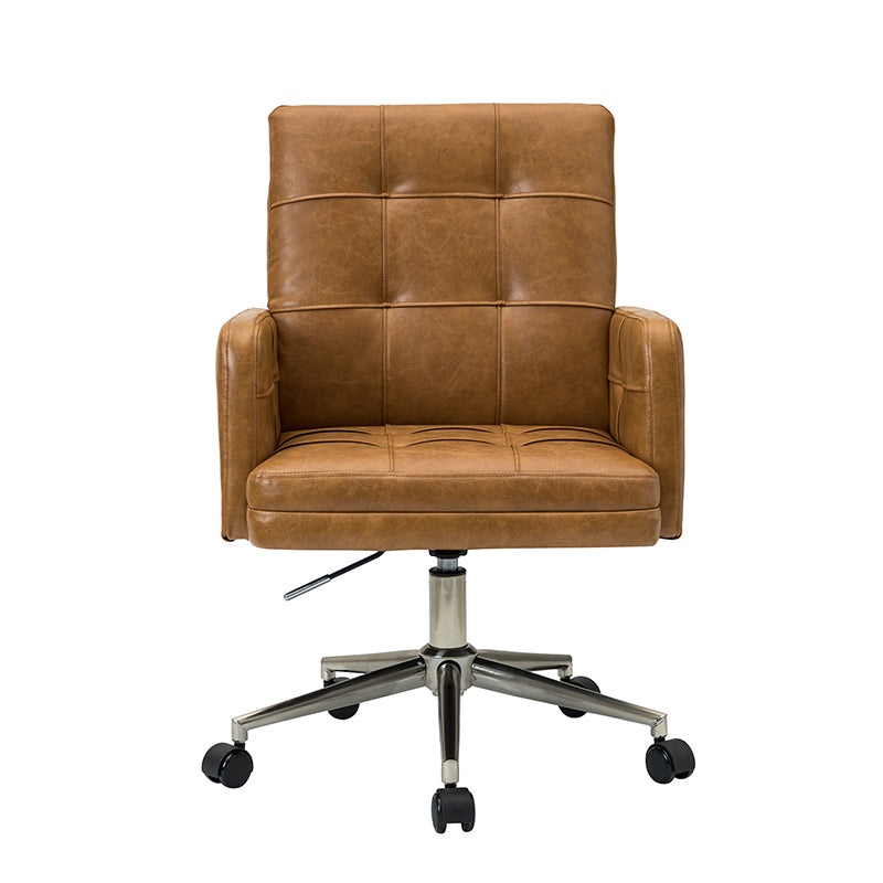 Chaise de bureau pivotante en similicuir capitonnée avec accoudoirs carrés, hauteur réglable et base en métal argenté | Camel / Marron / Noir / Bleu Marine / Beige | Siège unique