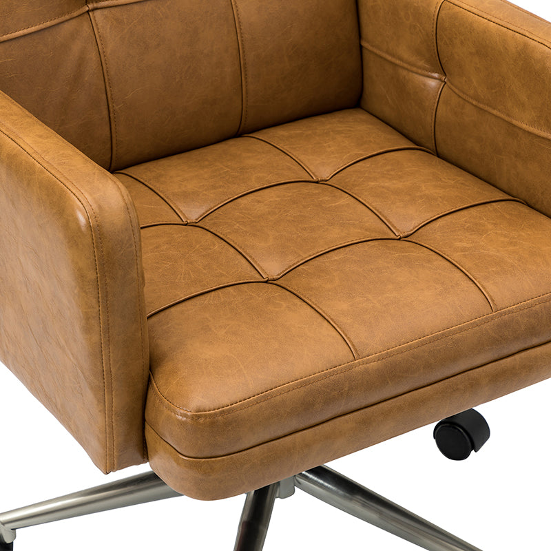 Chaise de bureau pivotante en similicuir capitonnée avec accoudoirs carrés, hauteur réglable et base en métal argenté | Camel / Marron / Noir / Bleu Marine / Beige | Siège unique