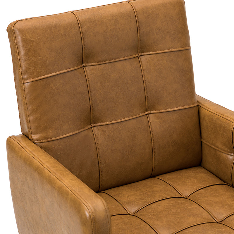 Chaise de bureau pivotante en similicuir capitonnée avec accoudoirs carrés, hauteur réglable et base en métal argenté | Camel / Marron / Noir / Bleu Marine / Beige | Siège unique