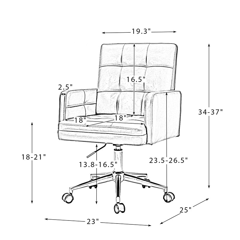 Chaise de bureau pivotante en similicuir capitonnée avec accoudoirs carrés, hauteur réglable et base en métal argenté | Camel / Marron / Noir / Bleu Marine / Beige | Siège unique