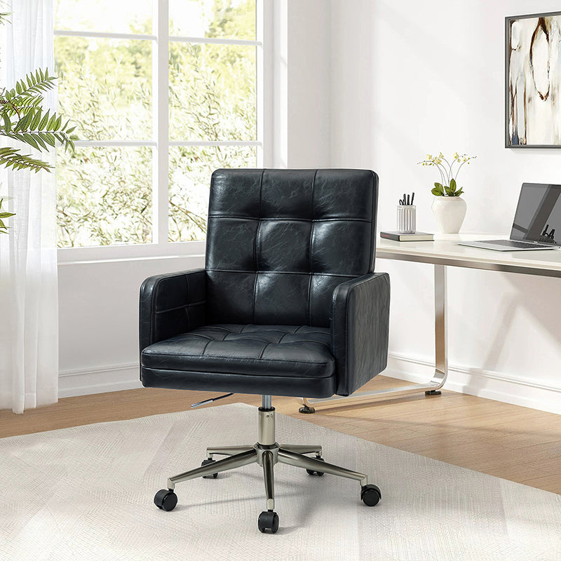 Chaise de bureau pivotante en similicuir capitonnée avec accoudoirs carrés, hauteur réglable et base en métal argenté | Camel / Marron / Noir / Bleu Marine / Beige | Siège unique