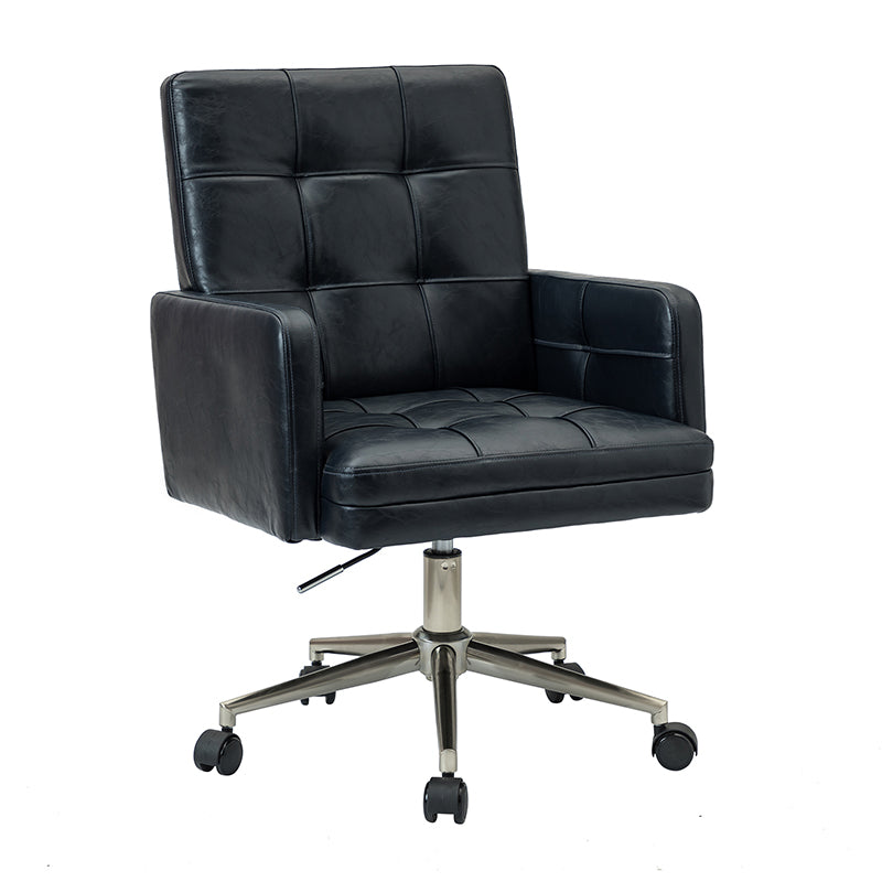 Chaise de bureau pivotante en similicuir capitonnée avec accoudoirs carrés, hauteur réglable et base en métal argenté | Camel / Marron / Noir / Bleu Marine / Beige | Siège unique