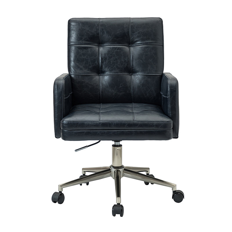 Chaise de bureau pivotante en similicuir capitonnée avec accoudoirs carrés, hauteur réglable et base en métal argenté | Camel / Marron / Noir / Bleu Marine / Beige | Siège unique