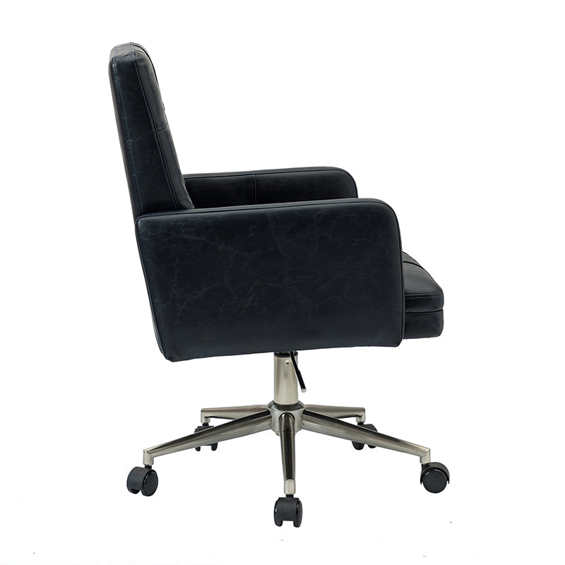 Chaise de bureau pivotante en similicuir capitonnée avec accoudoirs carrés, hauteur réglable et base en métal argenté | Camel / Marron / Noir / Bleu Marine / Beige | Siège unique