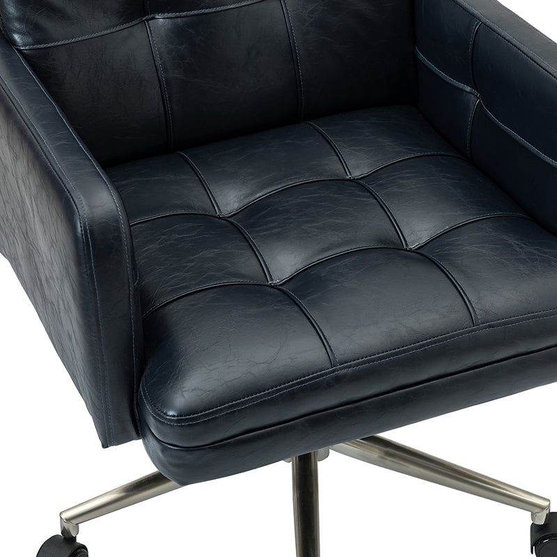 Chaise de bureau pivotante en similicuir capitonnée avec accoudoirs carrés, hauteur réglable et base en métal argenté | Camel / Marron / Noir / Bleu Marine / Beige | Siège unique