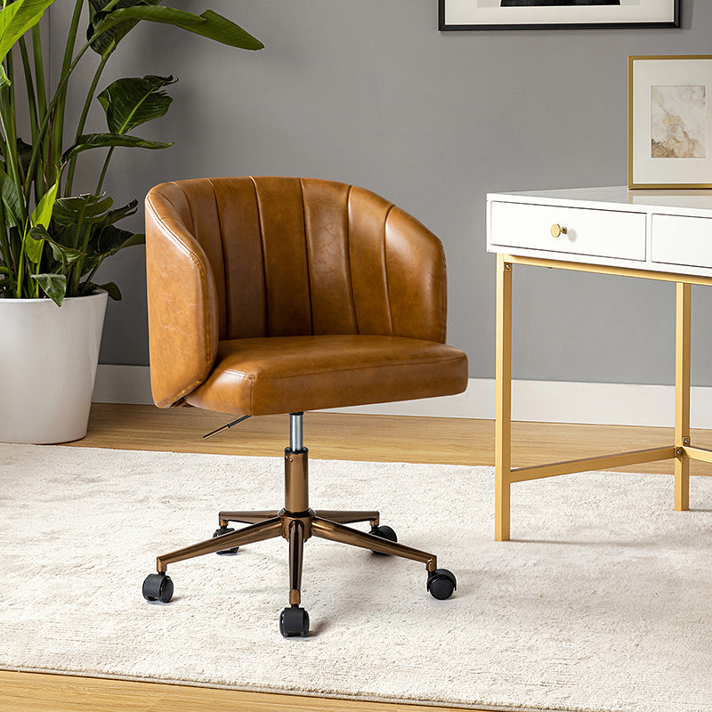 Chaise de travail en cuir synthétique avec dossier capitonné, hauteur réglable, sans accoudoirs et roulettes en métal doré | Camel | Siège individuel