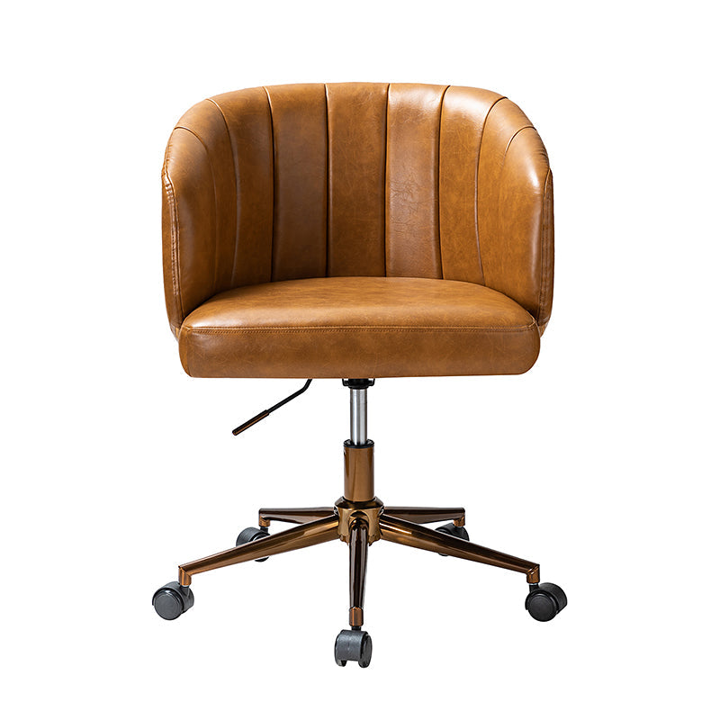 Chaise de travail en cuir synthétique avec dossier capitonné, hauteur réglable, sans accoudoirs et roulettes en métal doré | Camel | Siège individuel