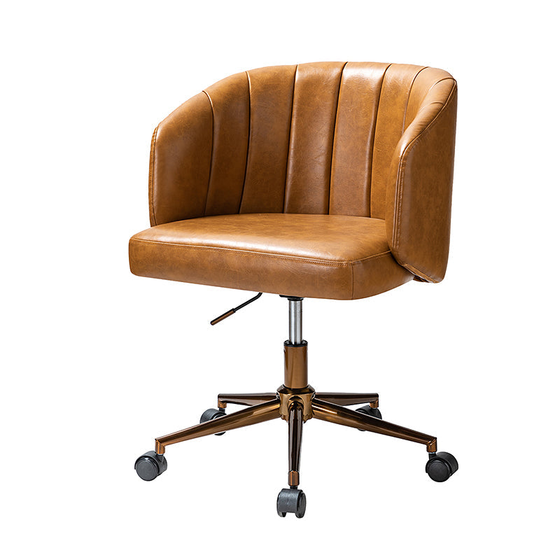 Chaise de travail en cuir synthétique avec dossier capitonné, hauteur réglable, sans accoudoirs et roulettes en métal doré | Camel | Siège individuel