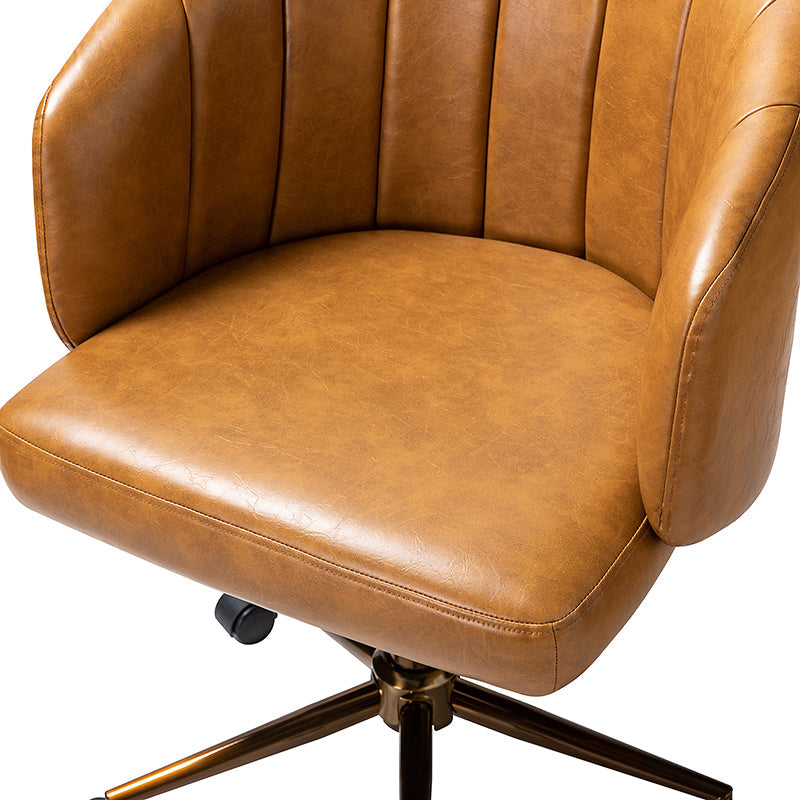 Chaise de travail en cuir synthétique avec dossier capitonné, hauteur réglable, sans accoudoirs et roulettes en métal doré | Camel | Siège individuel